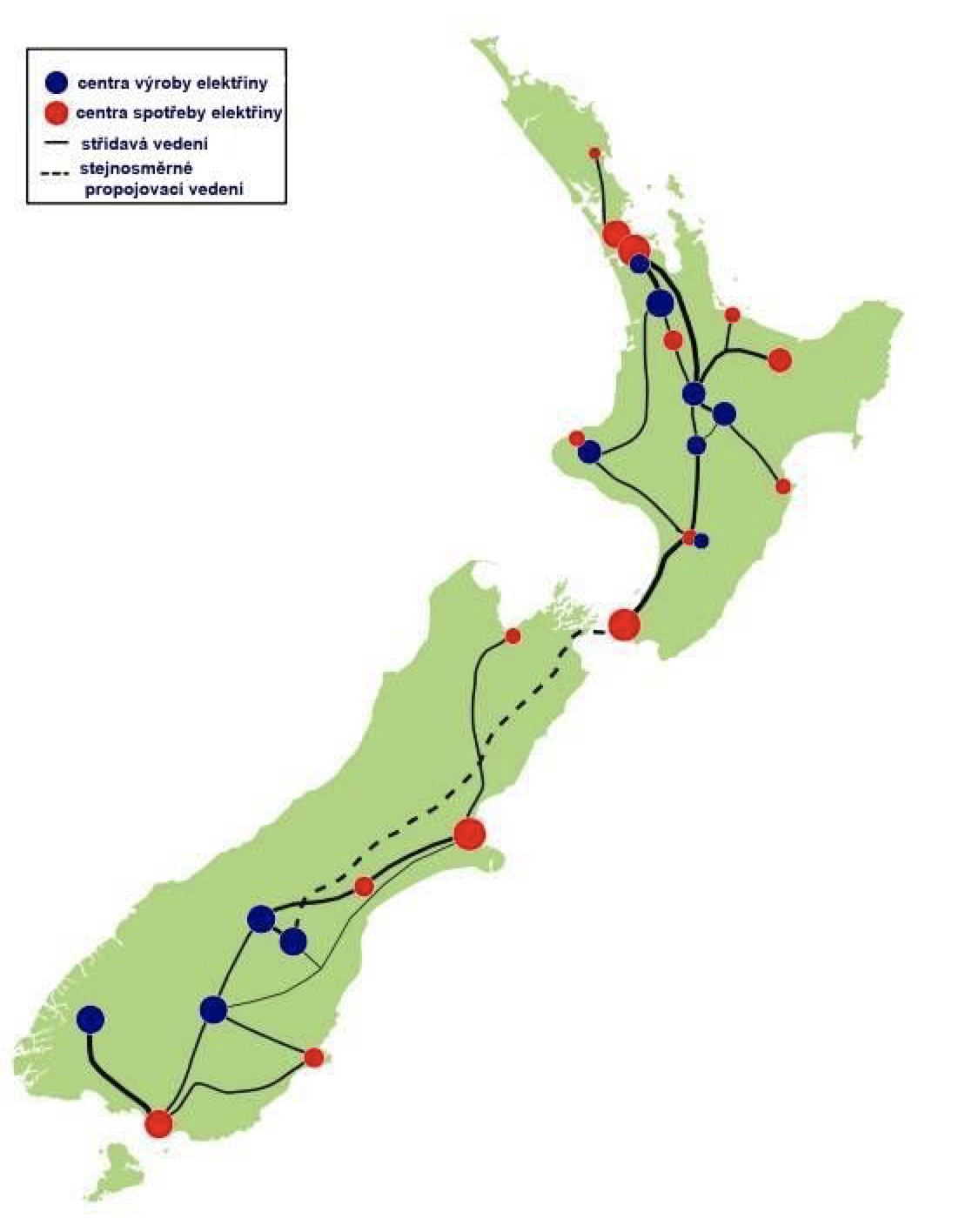 A map of the major power transmission lines on New Zealand, with the HVDC Inter-Island link being marked with a dashed black line